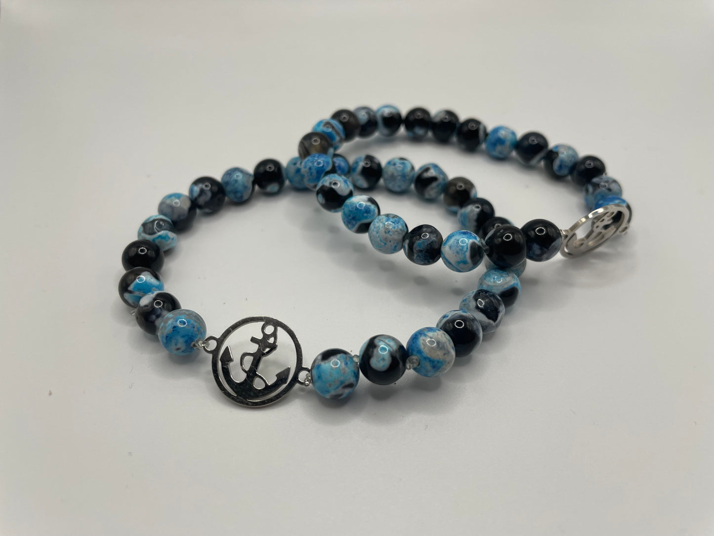 Blue and Black Beaded Bracelet with Stainless Steel Anchor Charm