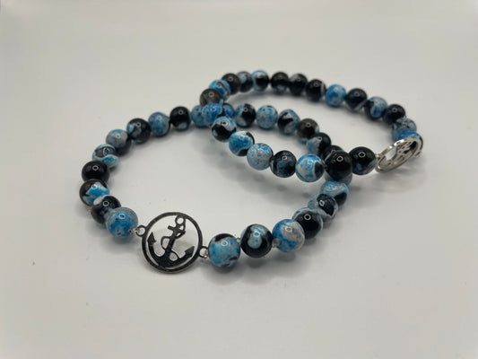 Blue and Black Beaded Bracelet with Stainless Steel Anchor Charm