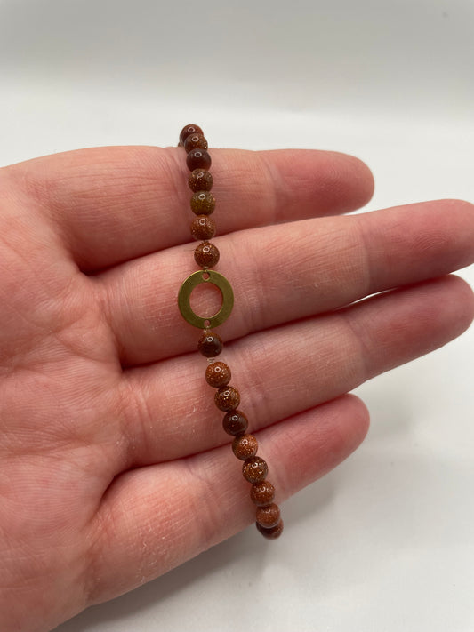 Goldstone Beaded Bracelet with Brass Circle Charm