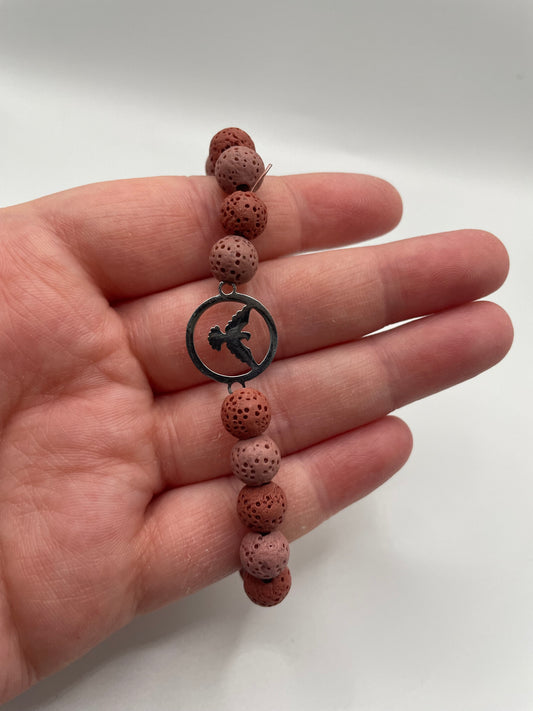 Red Lava Beaded Bracelet with Stainless Steel Bird Charm