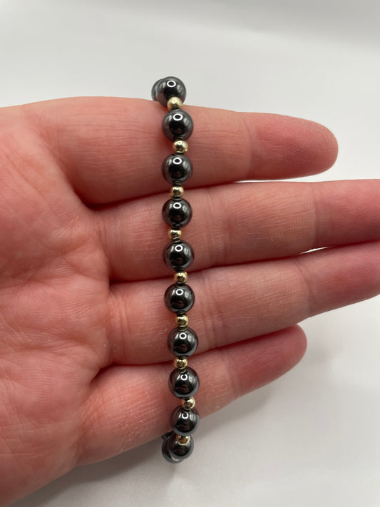Metallic Hematite-Style Beaded Bracelet with Gold Accents
