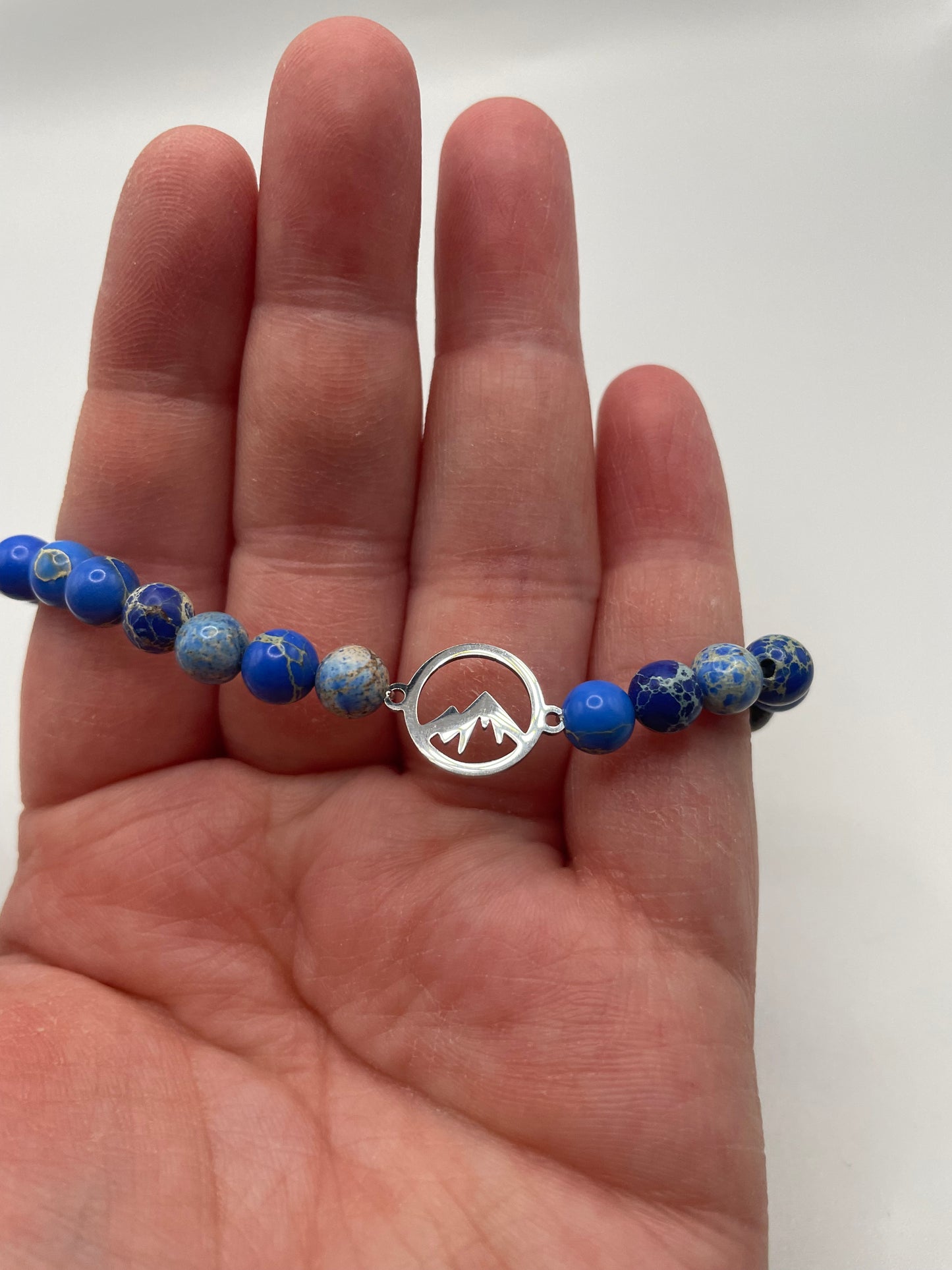 Blue Beaded Bracelet with Stainless Steel Mountain Charm