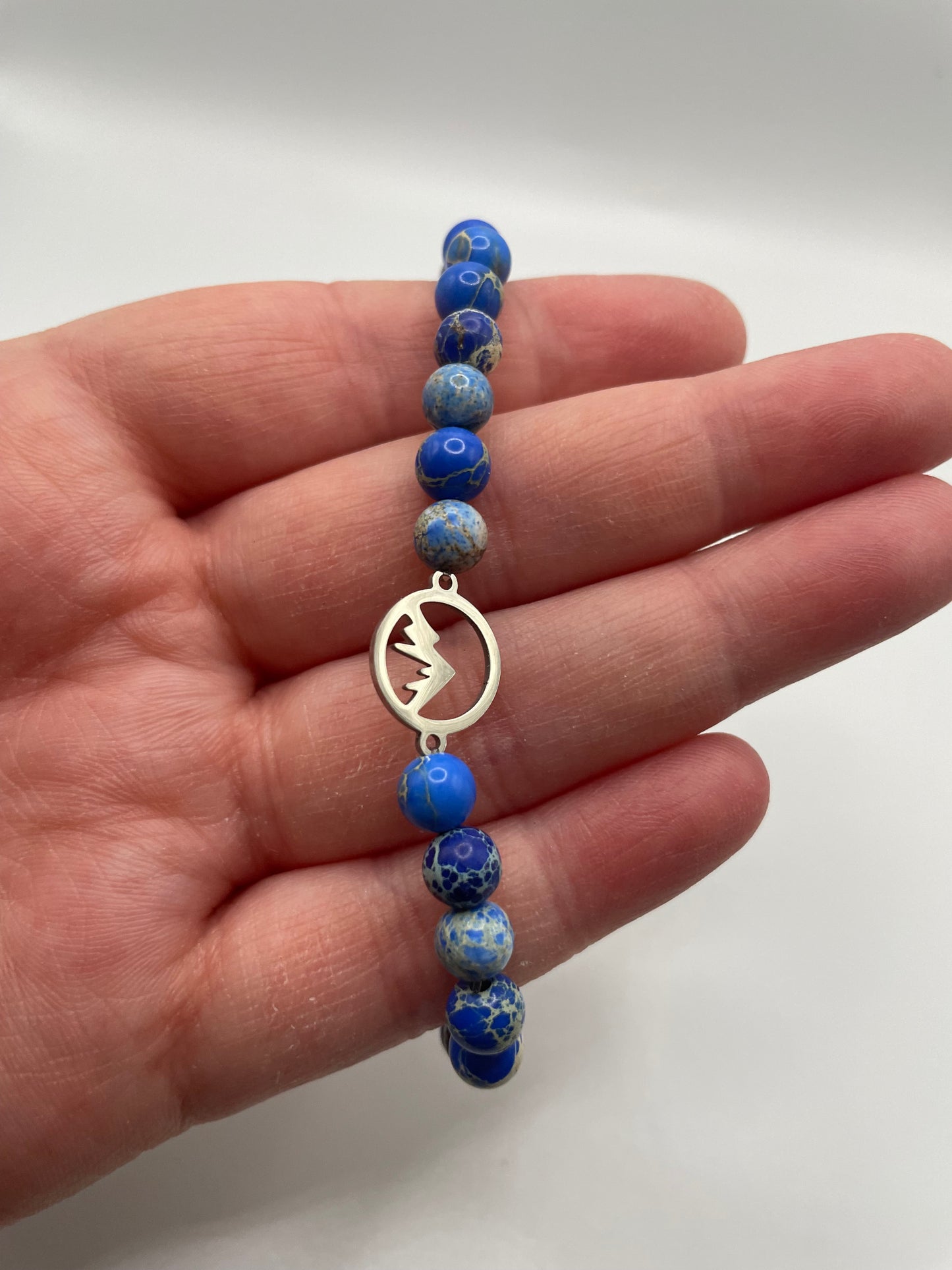 Blue Beaded Bracelet with Stainless Steel Mountain Charm