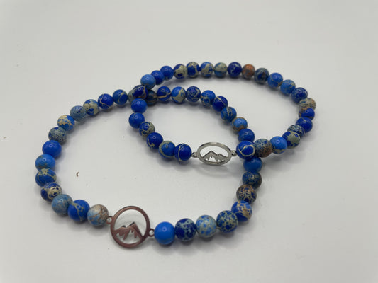Blue Beaded Bracelet with Stainless Steel Mountain Charm