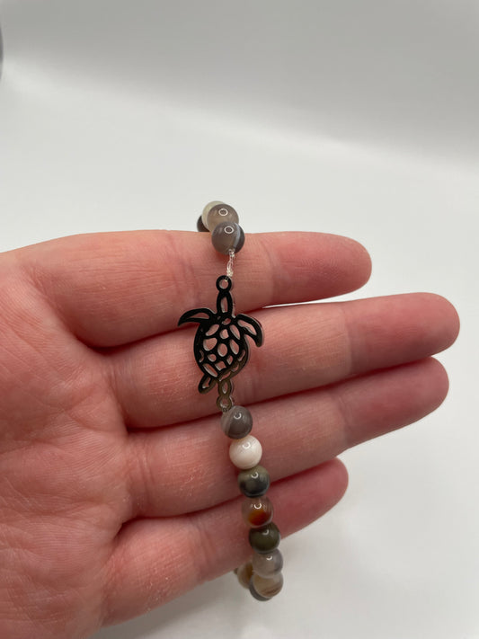 Neutral Agate Beaded Bracelet with Stainless Steel Turtle Charm