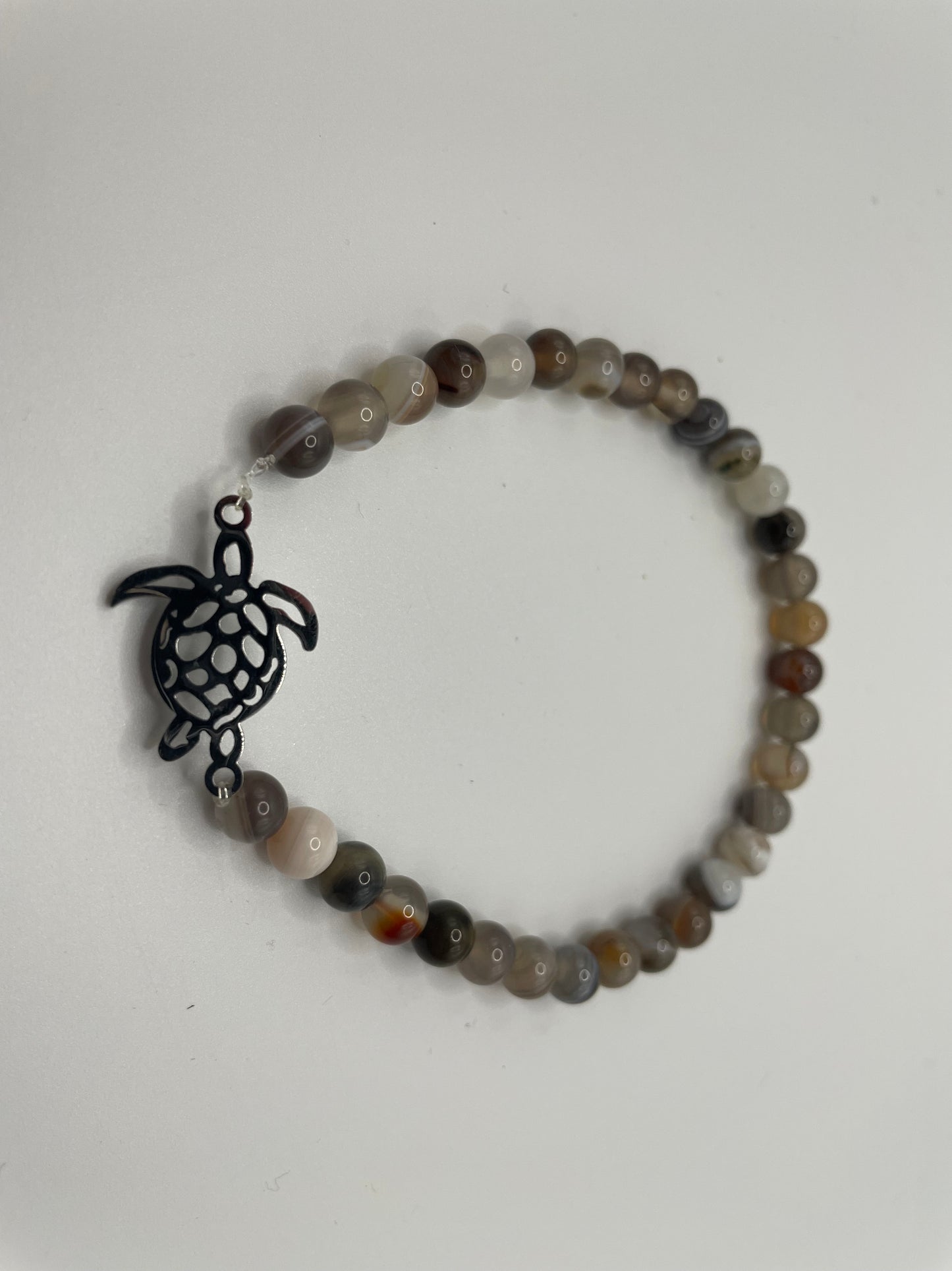 Neutral Agate Beaded Bracelet with Stainless Steel Turtle Charm