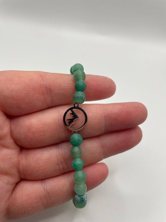 Green Agate Beaded Bracelet with Stainless Steel Mountain Charm