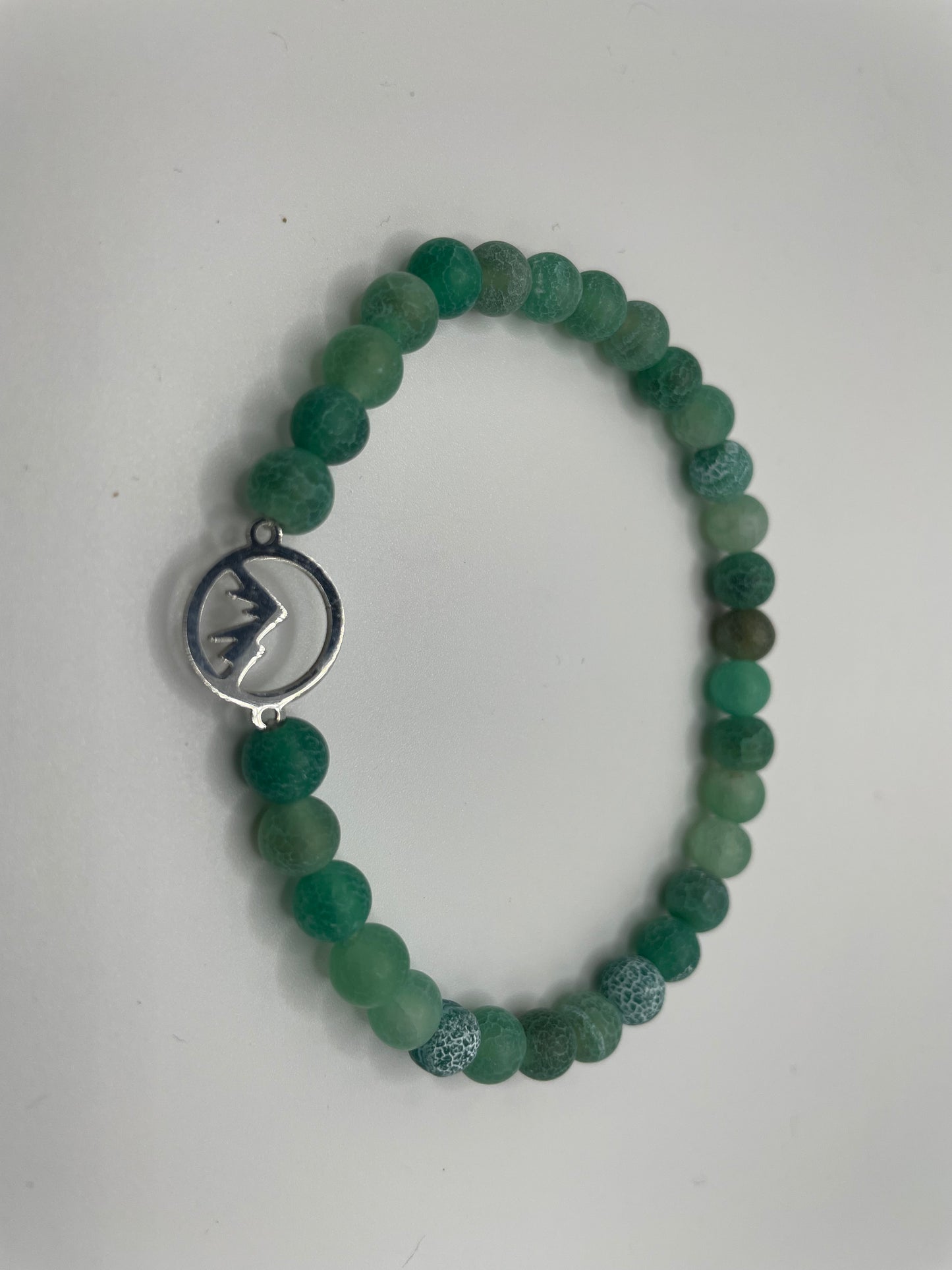 Green Agate Beaded Bracelet with Stainless Steel Mountain Charm