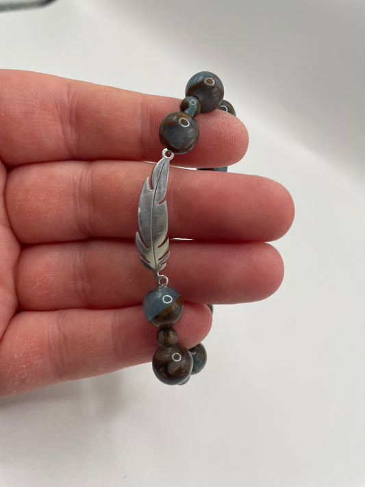 Blue and Brown Beaded Bracelet with Stainless Steel Feather Charm