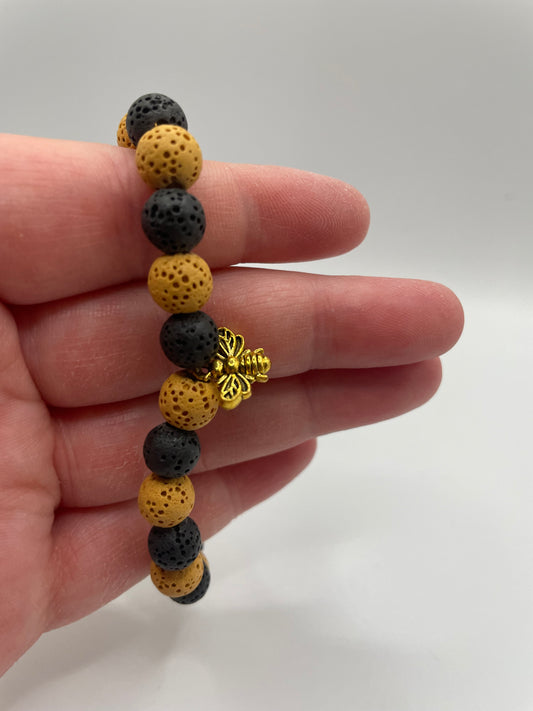 Yellow and Black Lava Beaded Bracelet with Gold Bee Charm