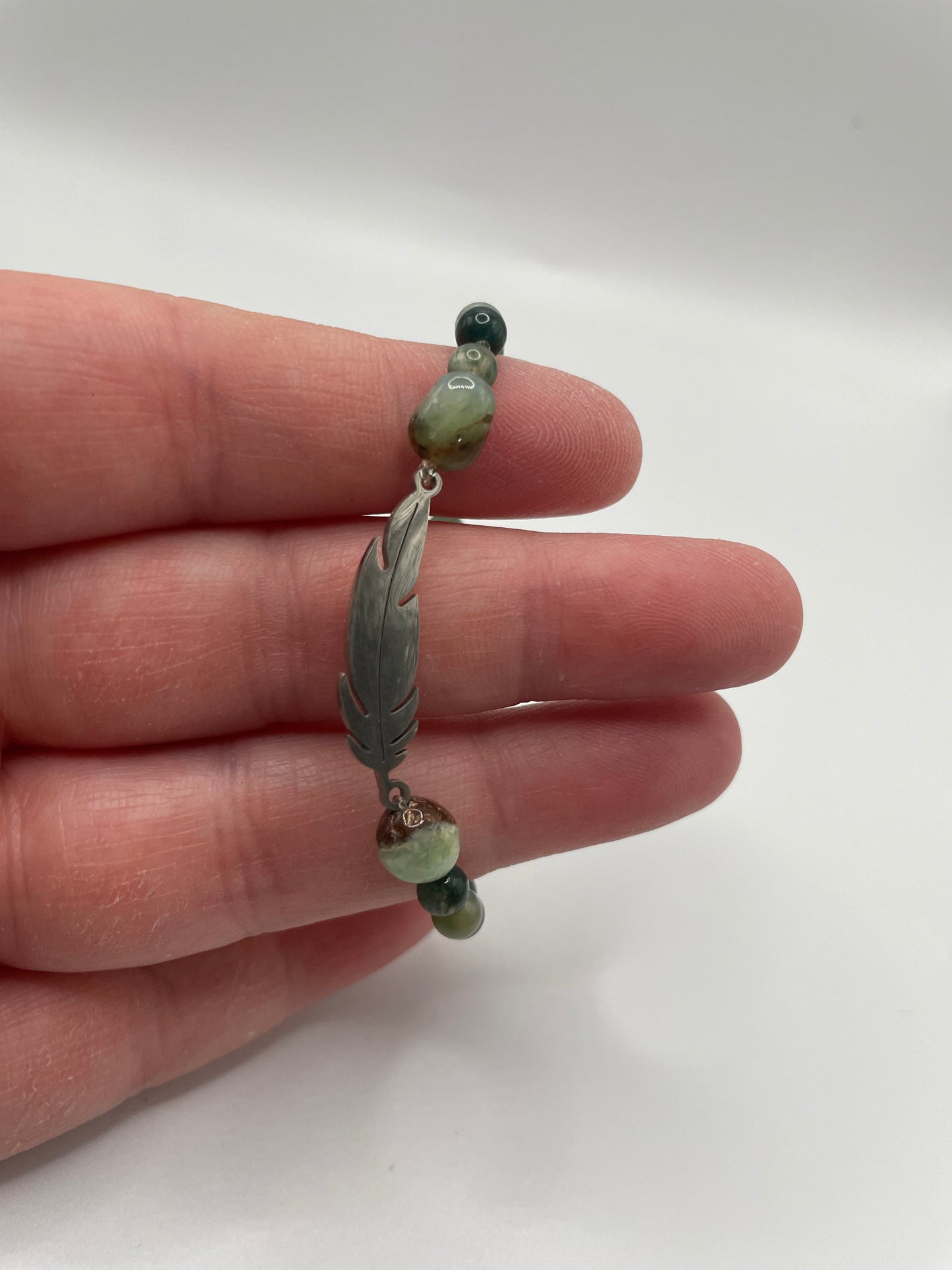 Green Beaded Bracelet with Stainless Steel Feather Charm