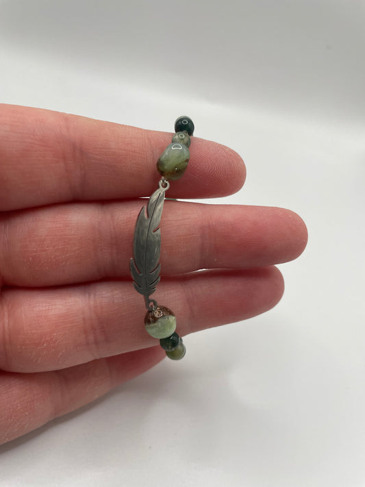 Green Beaded Bracelet with Stainless Steel Feather Charm