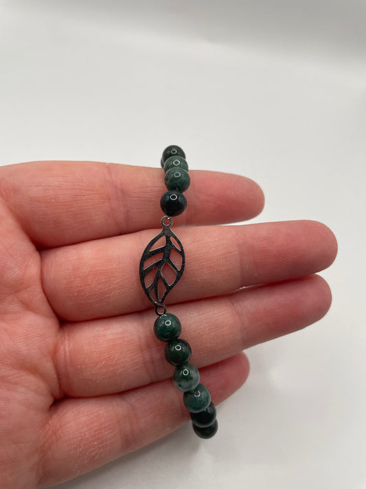 Green Beaded Bracelet with Stainless Steel Leaf Charm