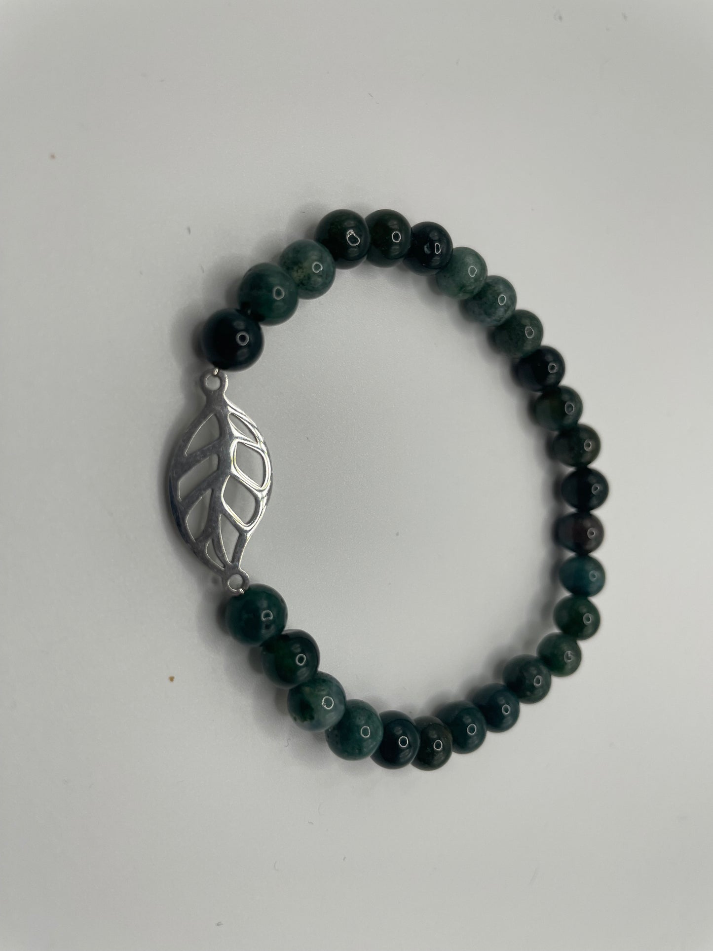 Green Beaded Bracelet with Stainless Steel Leaf Charm