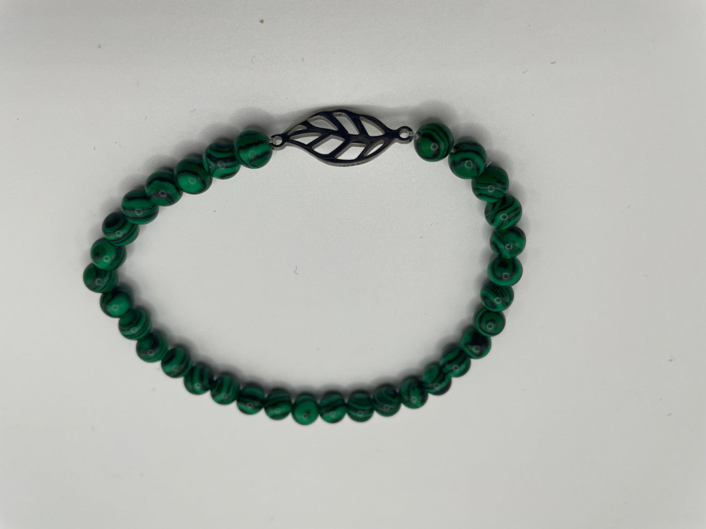 Green Beaded Bracelet with Leaf Charm