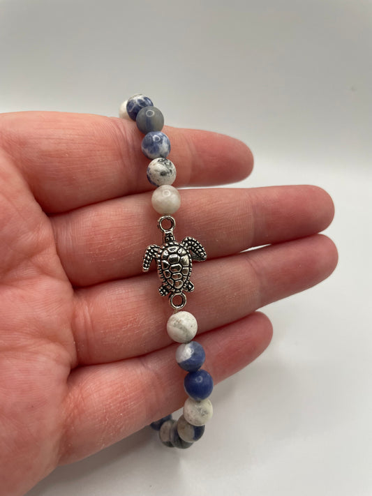 Blue and White Beaded Bracelet with Turtle Charm