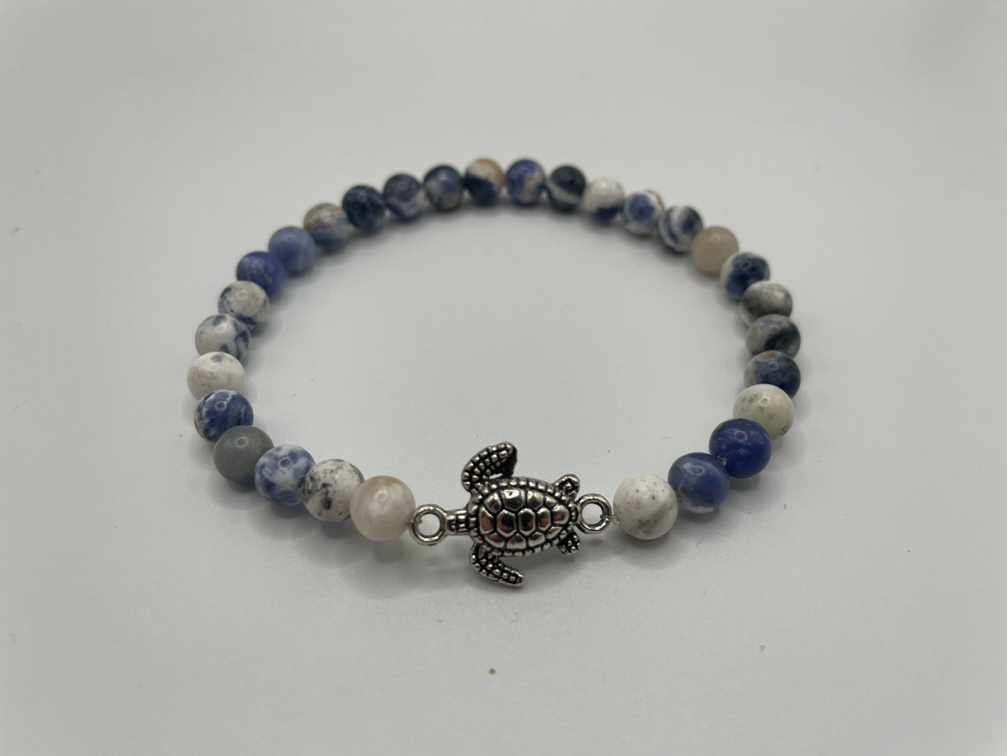 Blue and White Beaded Bracelet with Turtle Charm