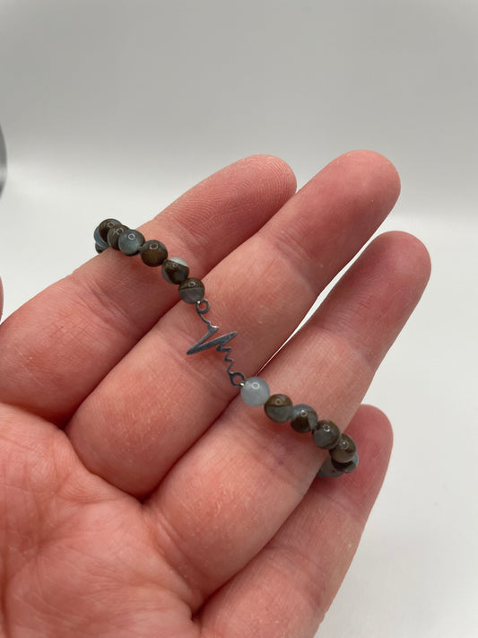 Blue and Brown Beaded Bracelet with Heartbeat Charm