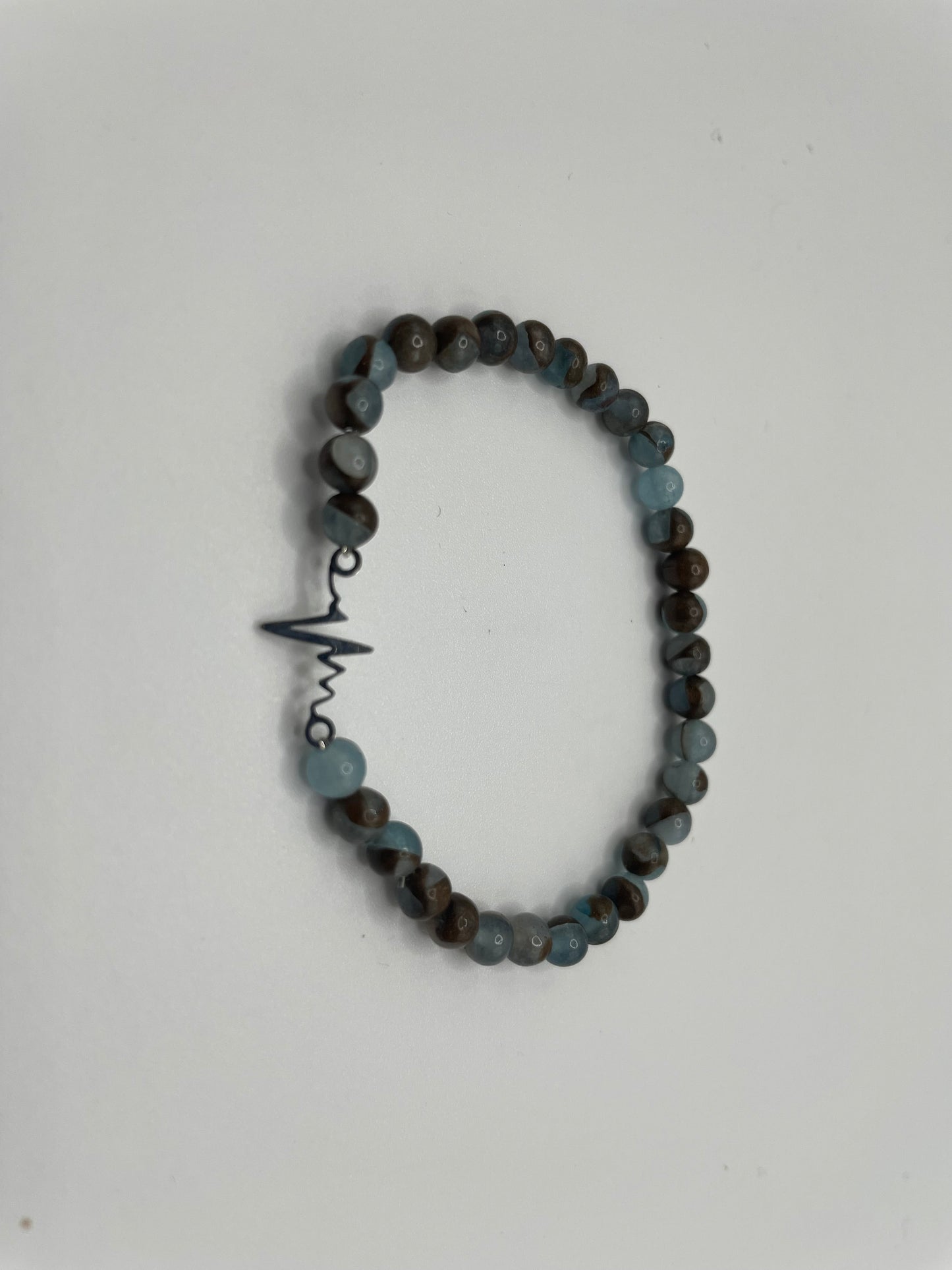 Blue and Brown Beaded Bracelet with Heartbeat Charm