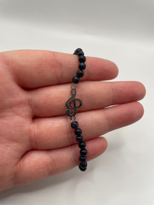 Blue Goldstone Beaded Bracelet with Treble Clef Charm