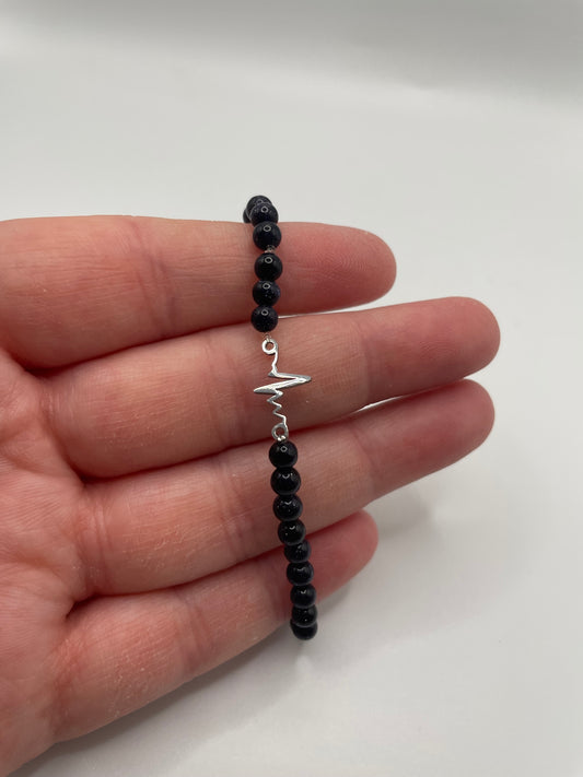 Blue Goldstone Beaded Bracelet with Heartbeat Charm