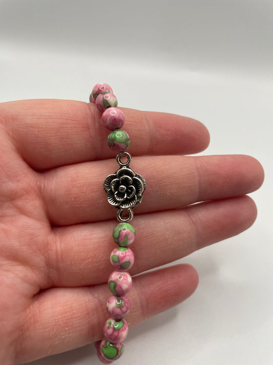 Pink and Green Floral Beaded Bracelet with Flower Charm