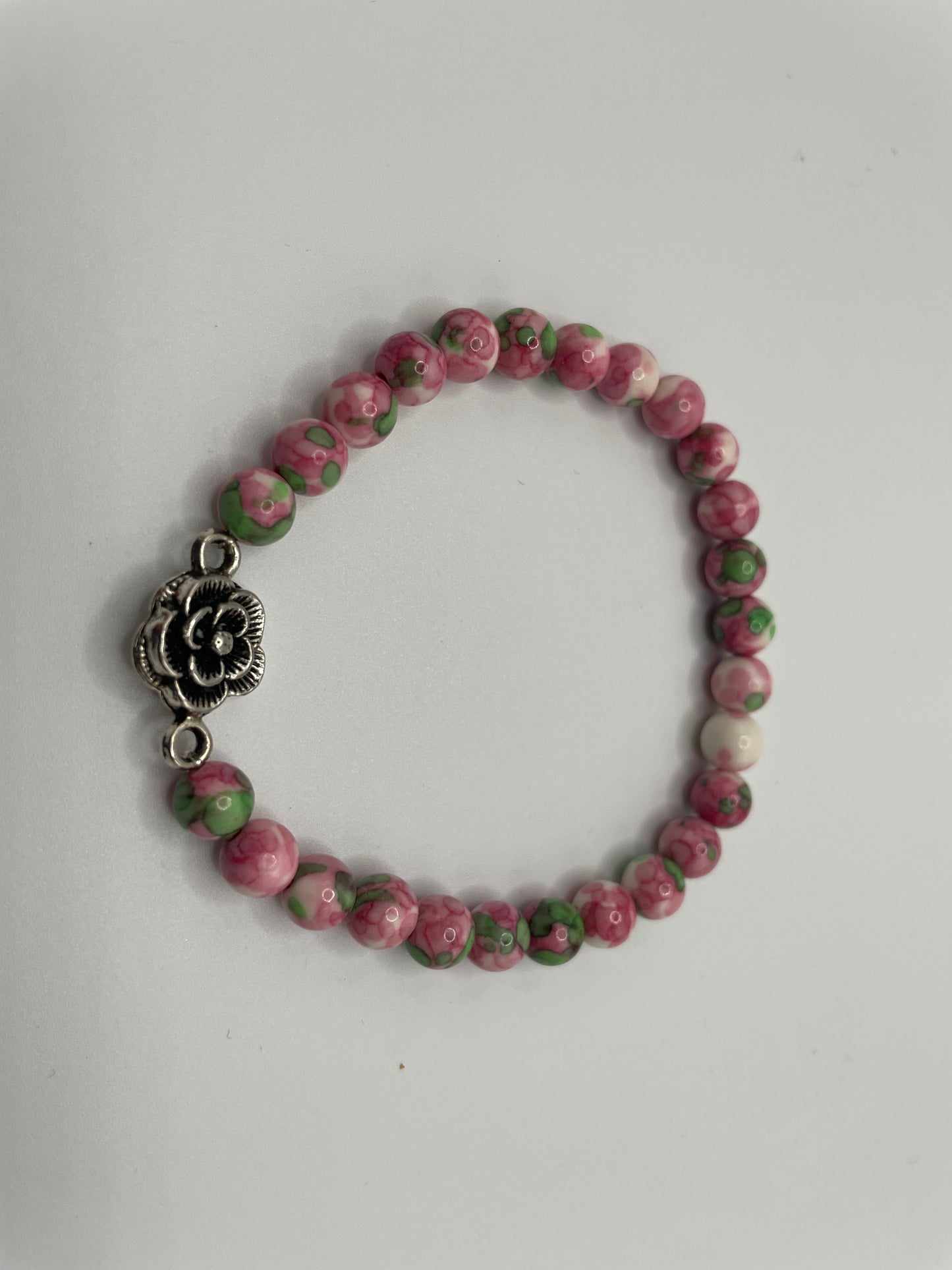 Pink and Green Floral Beaded Bracelet with Flower Charm