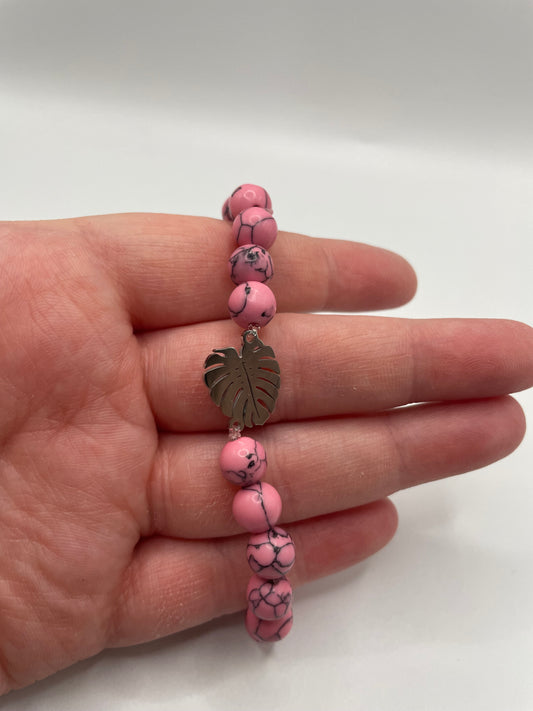Pink Beaded Bracelet with Monstera Leaf Charm