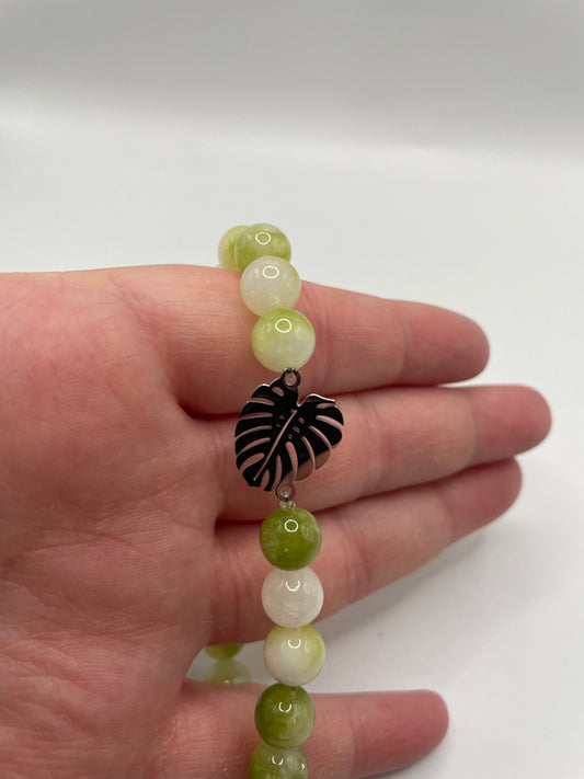 Green Beaded Bracelet with Monstera Leaf Charm