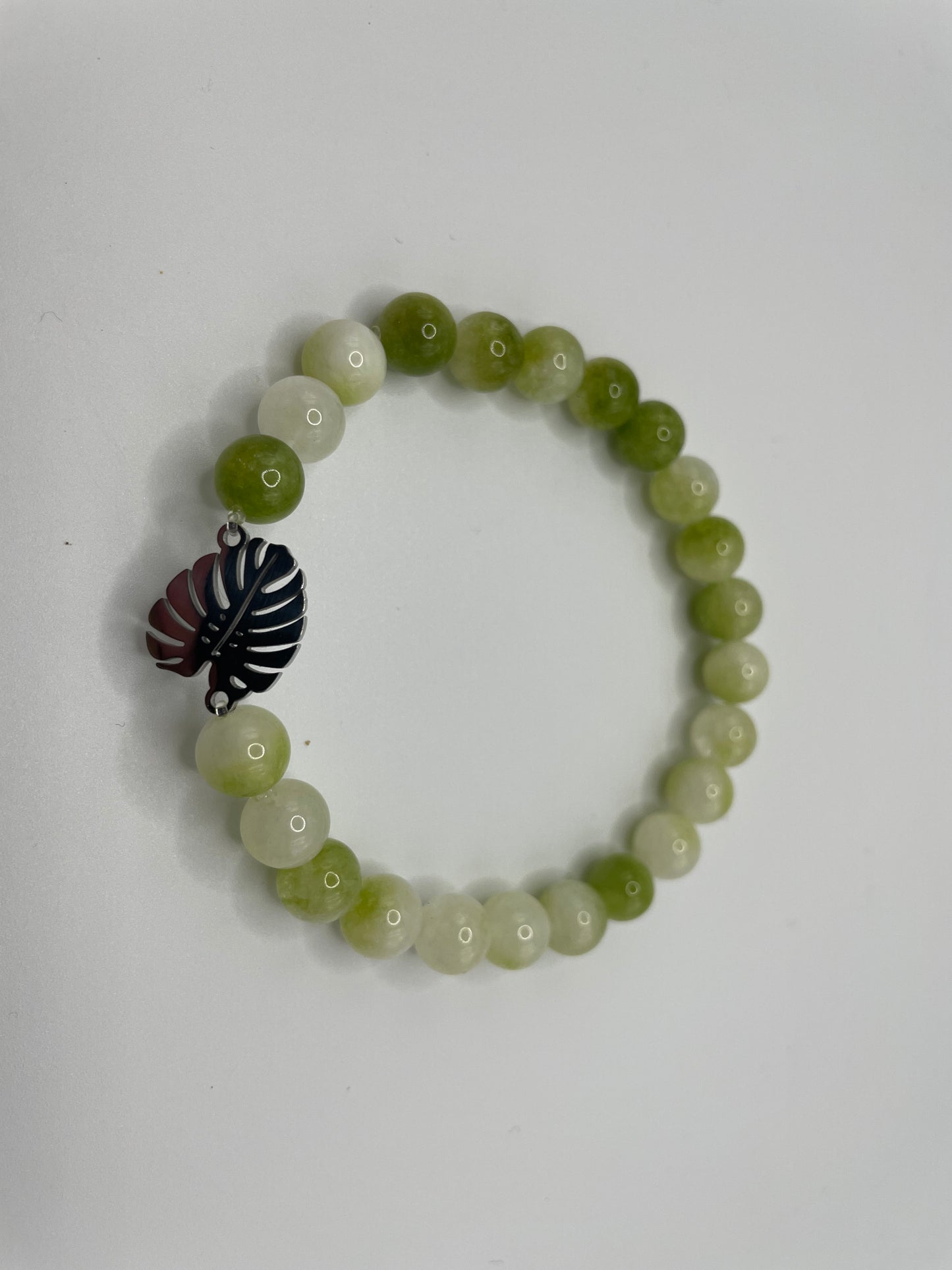 Green Beaded Bracelet with Monstera Leaf Charm