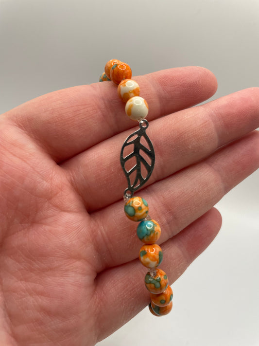 Orange and Turquoise Beaded Bracelet with Stainless Steel Charm