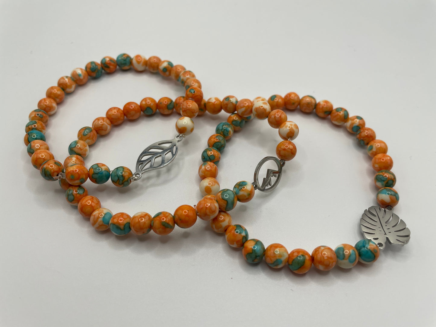 Orange and Turquoise Beaded Bracelet with Stainless Steel Charm