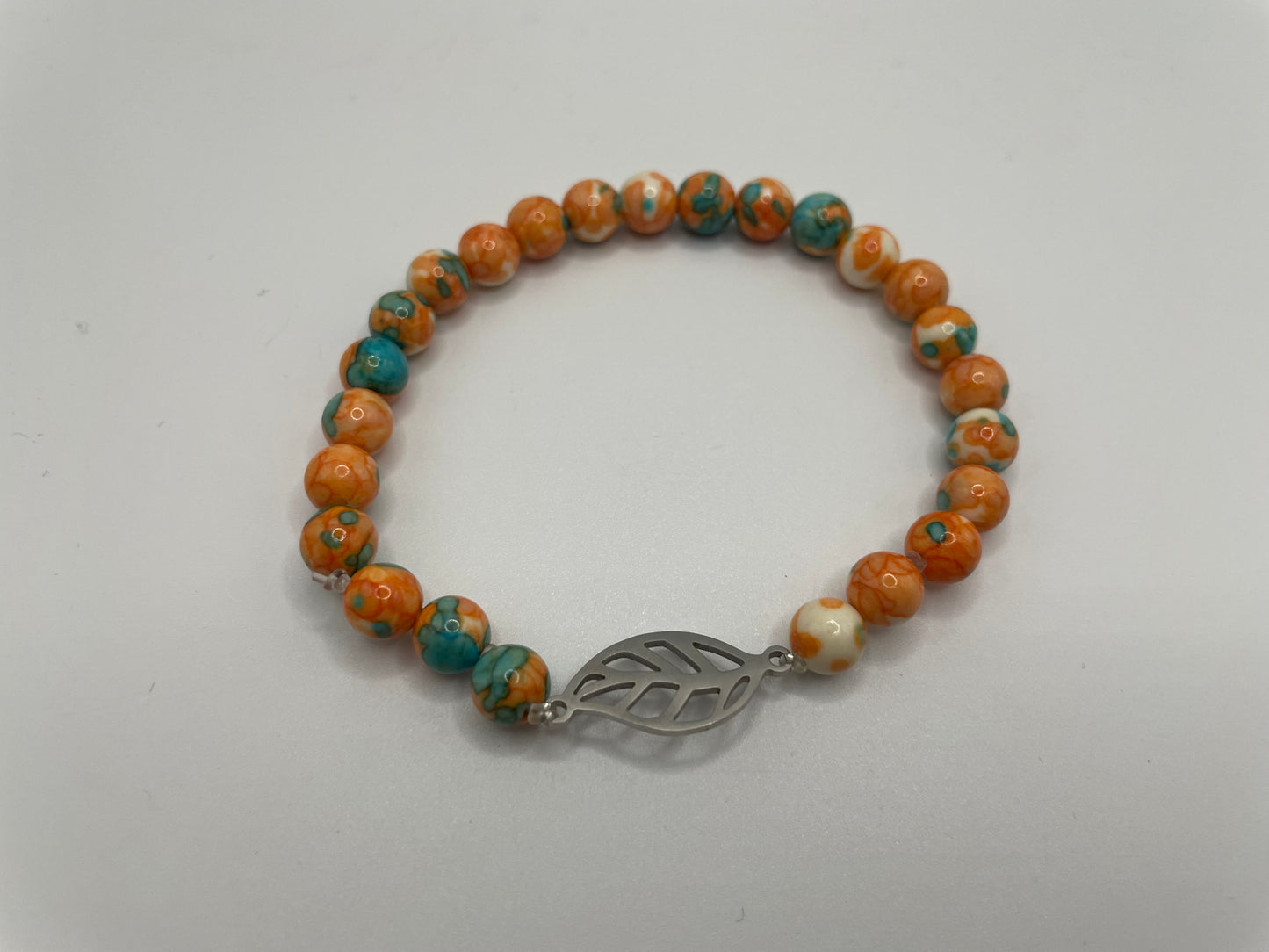Orange and Turquoise Beaded Bracelet with Stainless Steel Charm