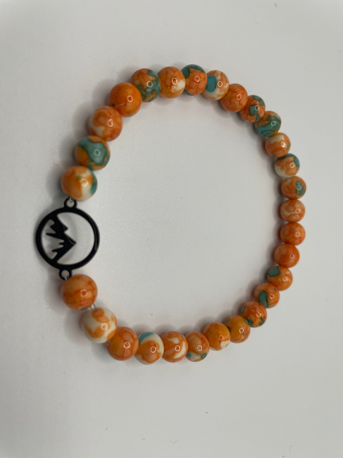 Orange and Turquoise Beaded Bracelet with Stainless Steel Charm