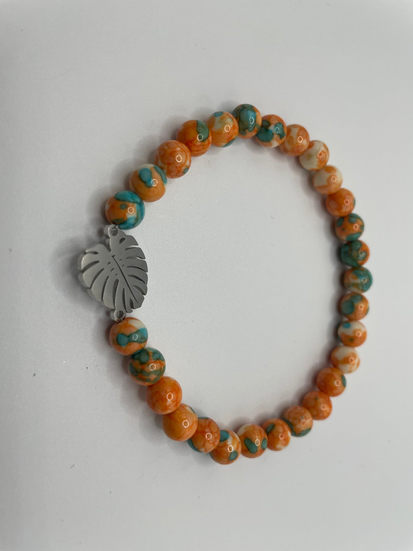 Orange and Turquoise Beaded Bracelet with Stainless Steel Charm