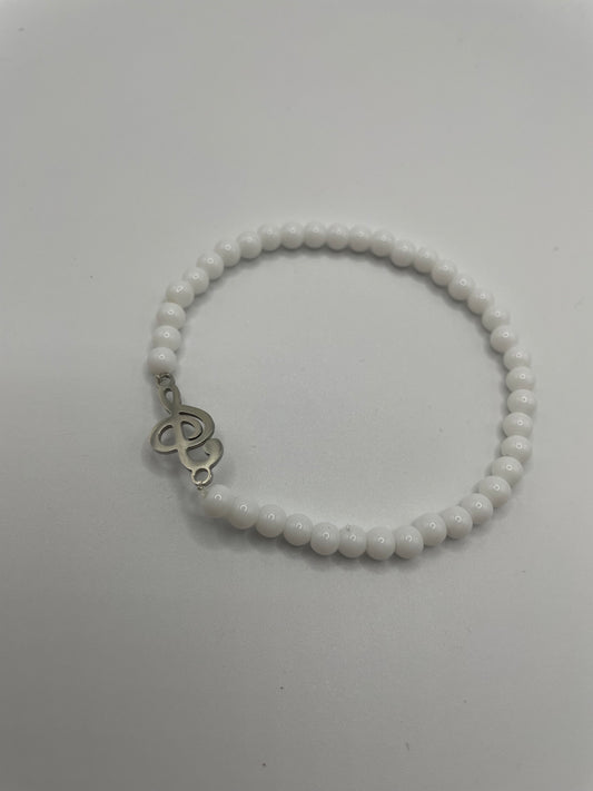 White Beaded Bracelet with Treble Clef Charm