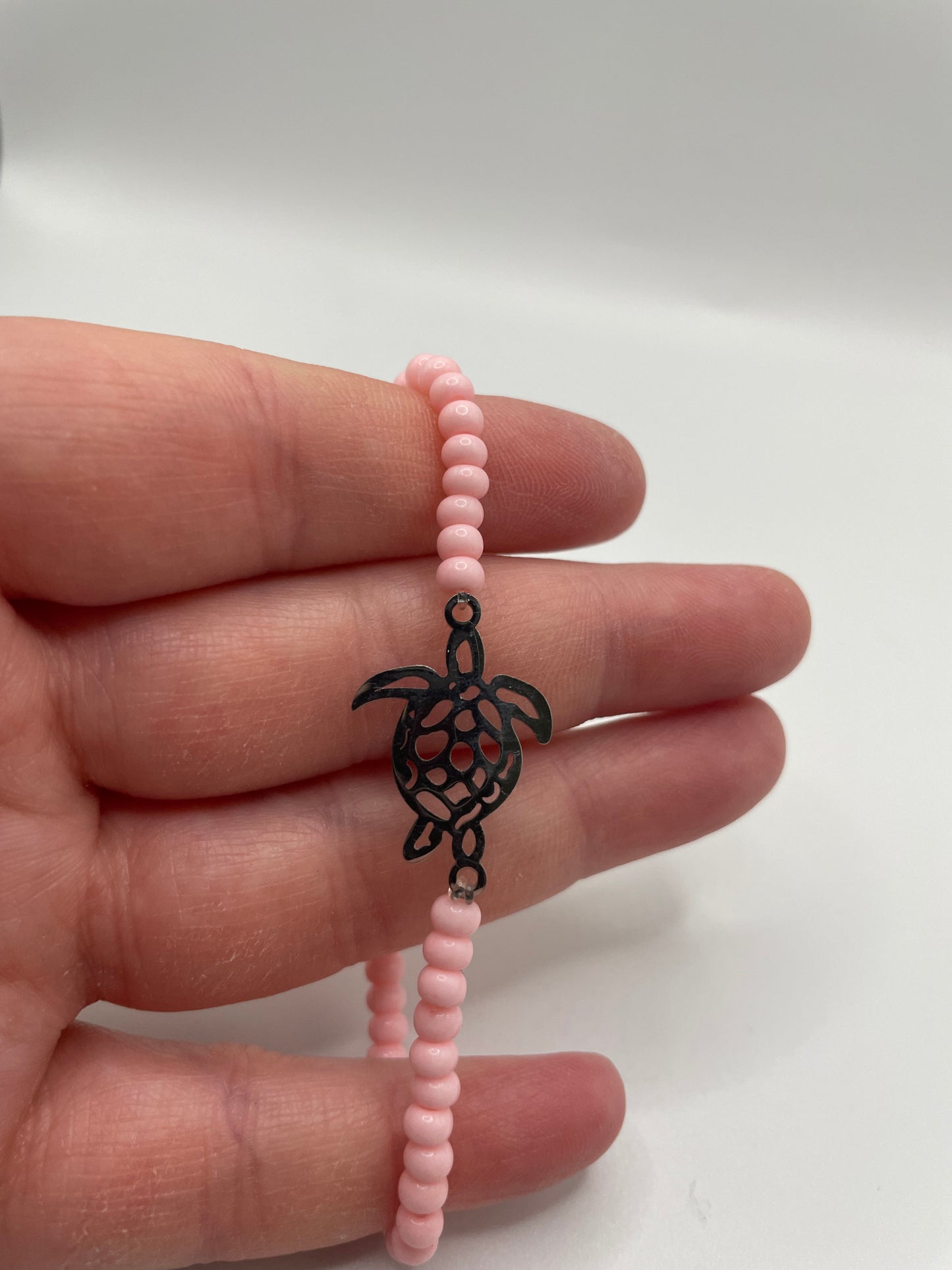 Pink Beaded Bracelet with Stainless Steel Turtle Charm