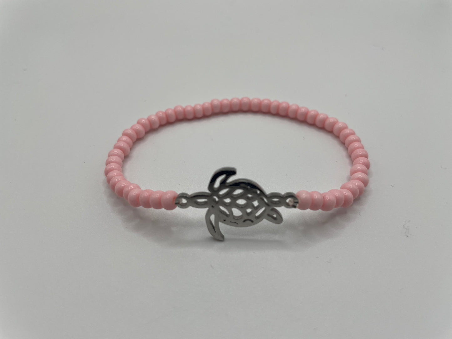 Pink Beaded Bracelet with Stainless Steel Turtle Charm