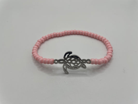Pink Beaded Bracelet with Stainless Steel Turtle Charm