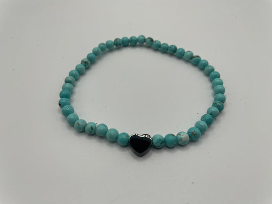 Turquoise Beaded Bracelet with Black Heart Charm