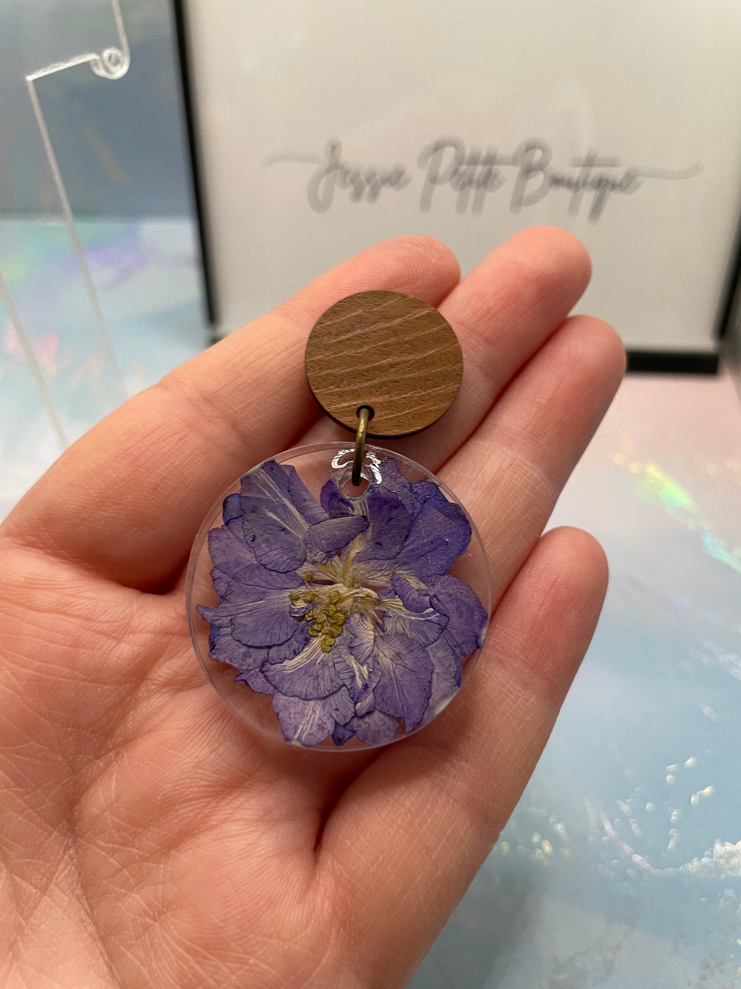 Purple Flower in Round Earrings With Wood Stud -NICKEL FREE