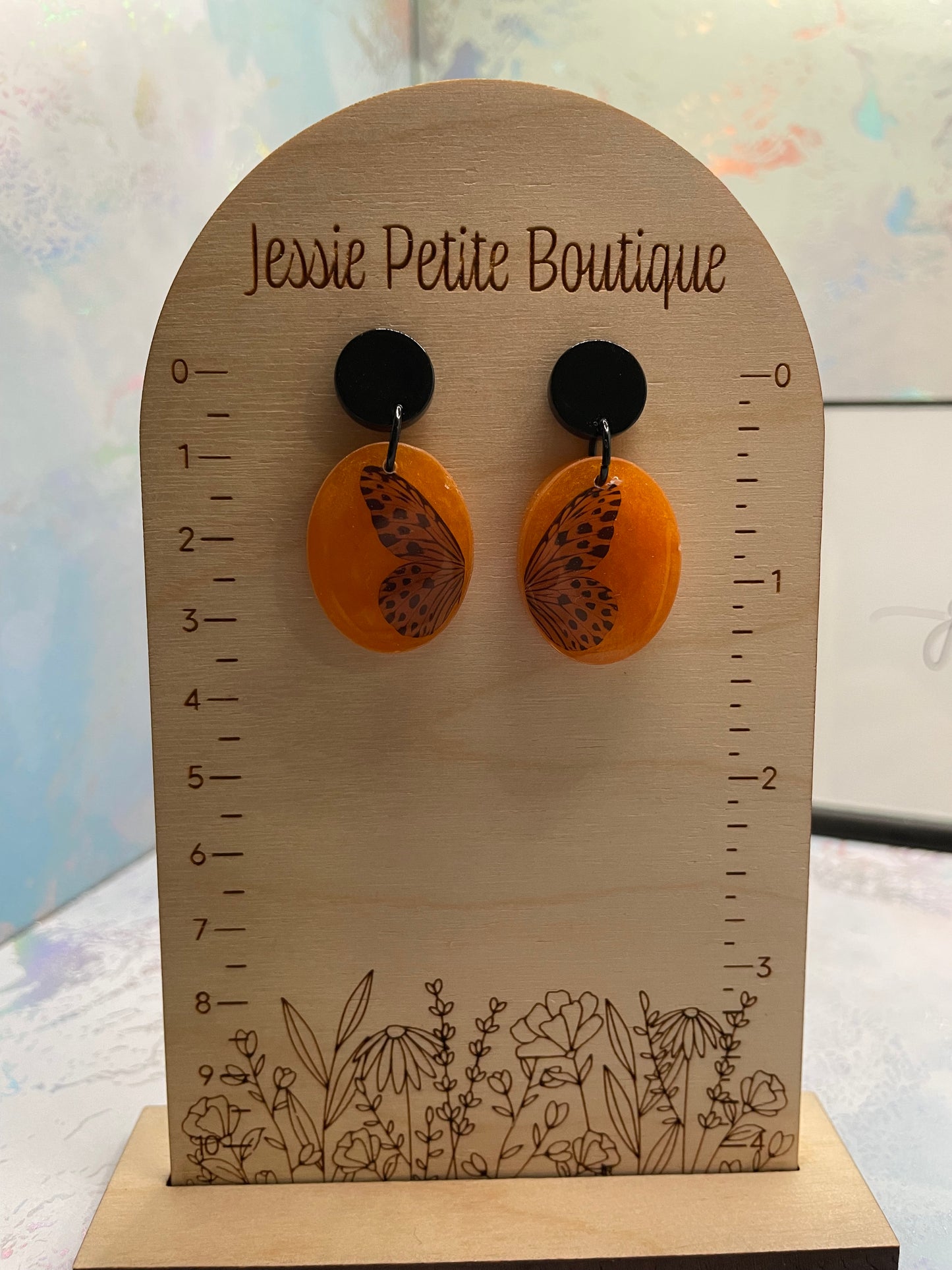 Boucles d'oreilles ovales oranges+papillons - SANS NICKEL