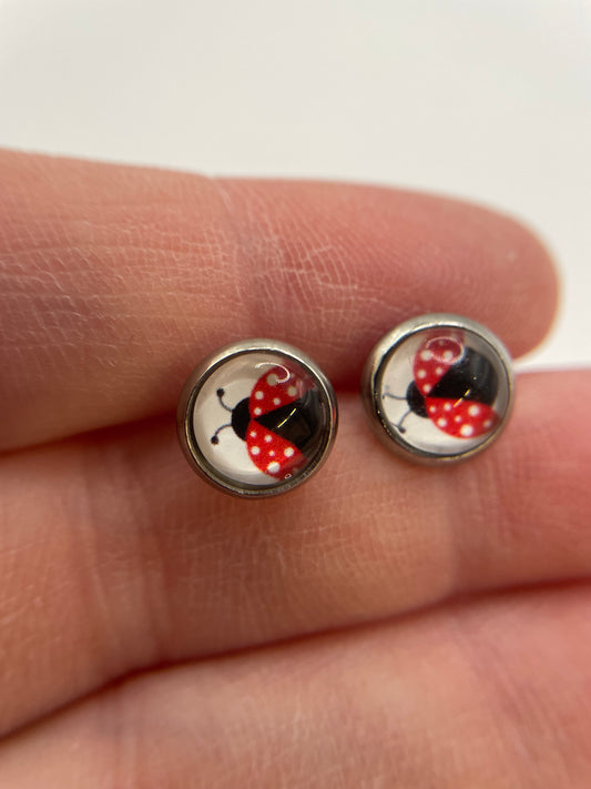 Ladybug Stud Earrings-Nickel Free+Stainless Steel