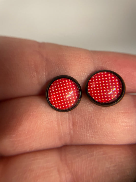 Red Polka Dot Stud Earrings-Nickel Free+Stainless Steel