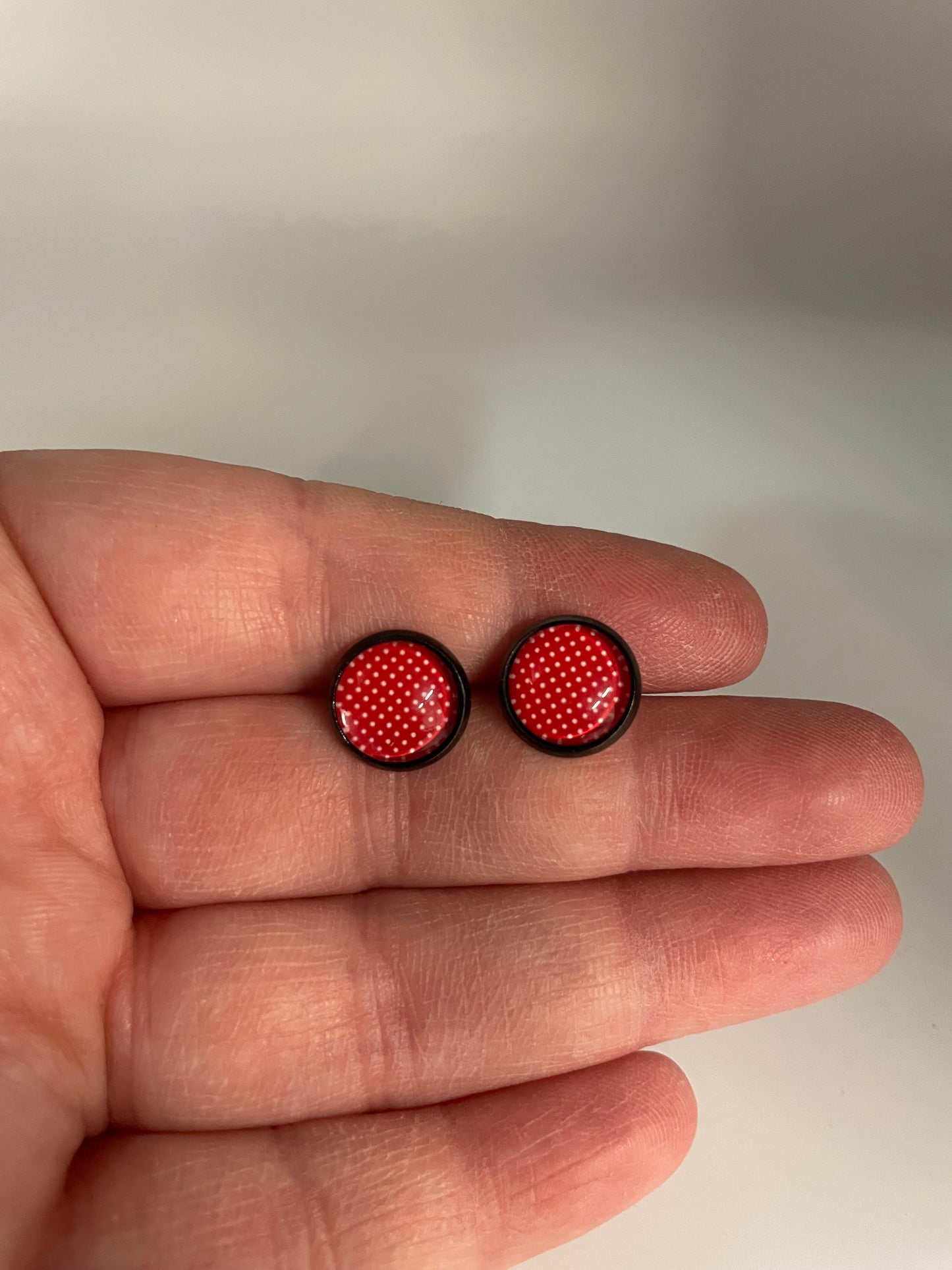 Red Polka Dot Stud Earrings-Nickel Free+Stainless Steel