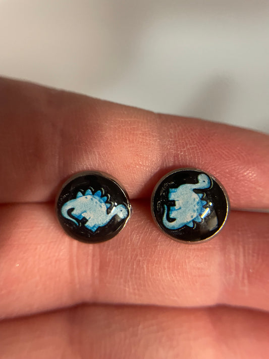 Blue Dinosaur Stud Earrings-Stainless Steel