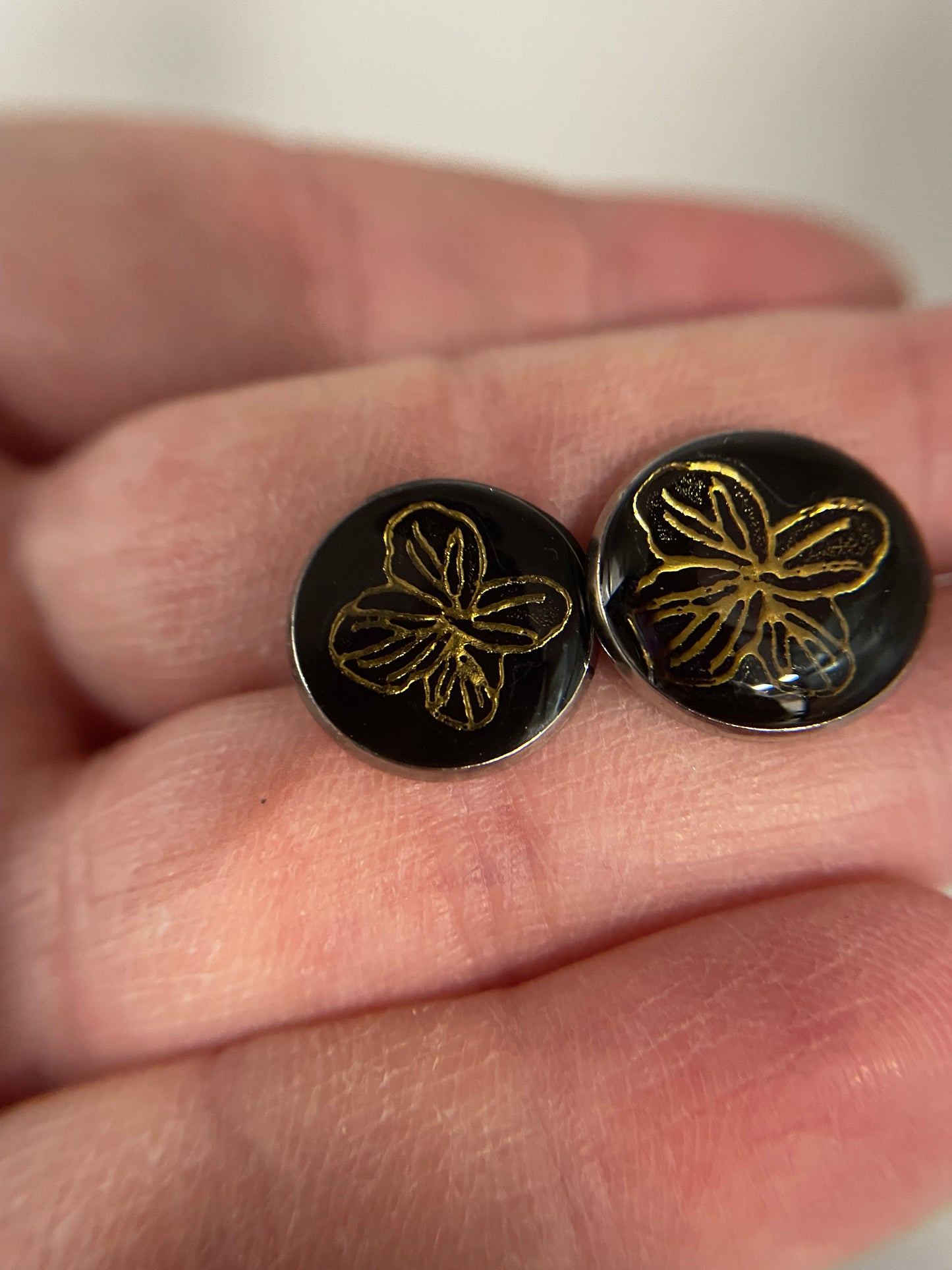 Gold Flower on Black Stud Earrings-Stainless Steel