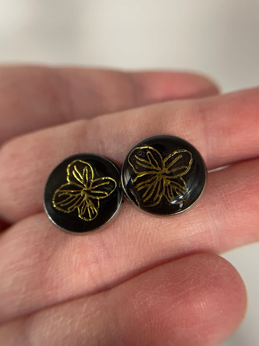 Gold Flower on Black Stud Earrings-Stainless Steel