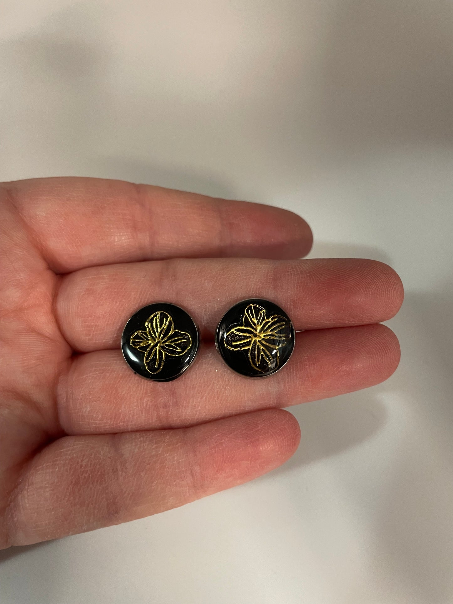Gold Flower on Black Stud Earrings-Stainless Steel