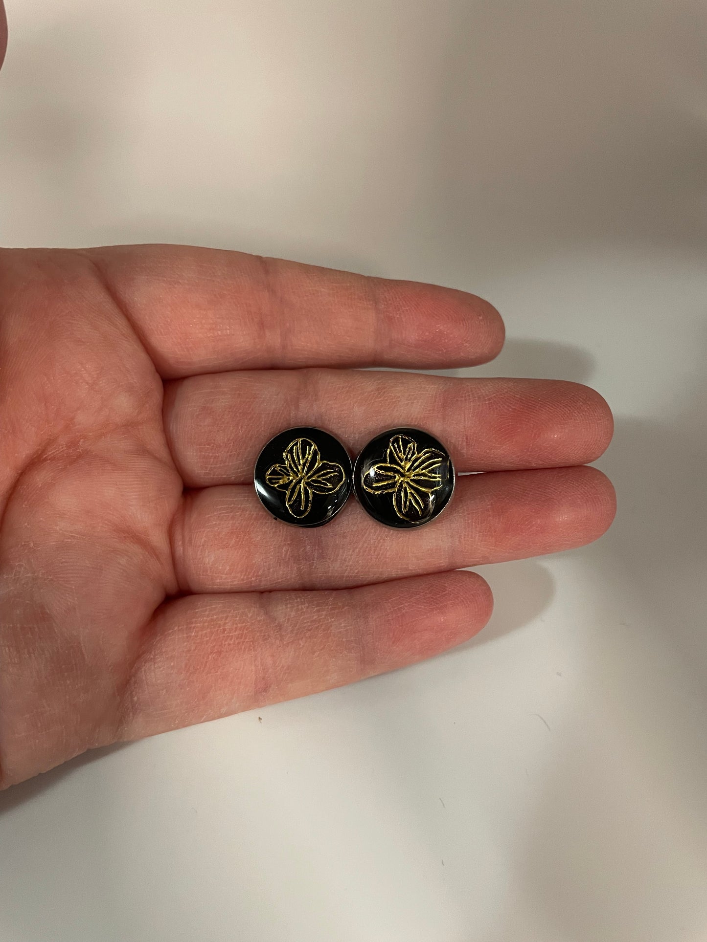 Gold Flower on Black Stud Earrings-Stainless Steel